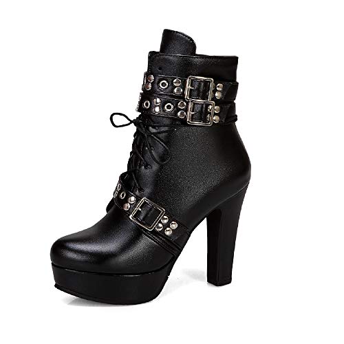 JIEEME Damenmode Schnür-Reißverschluss Blockabsatz High Heel Rundzehe Plattform Leichtes Gehen Bequeme Kurzschaft Stiefel für Damen z39961 von JIEEME