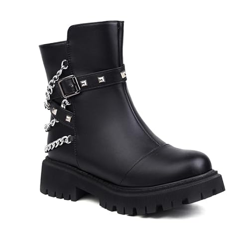 JIEEME Damen Stiefeletten runde Spitze Blockabsatz mit niedrigem Absatz reißverschluss handgefertigte Ketten Kurzschaft Stiefel für Damen große größe z1-3s von JIEEME