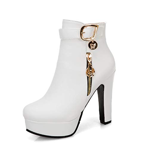 Damenmode Reißverschluss Blockabsatz High Heel Round Toe Plattform Leichtes Gehen Bequeme Kurzschaft Stiefel für Damen z39921 von JIEEME
