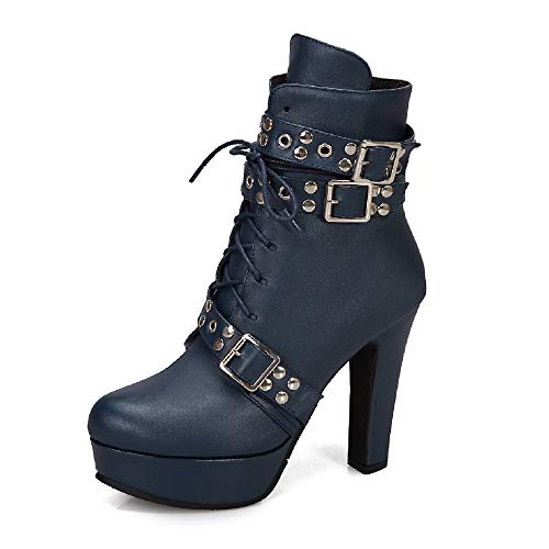 JIEEME Damenmode Schnür-Reißverschluss Blockabsatz High Heel Rundzehe Plattform Leichtes Gehen Bequeme Kurzschaft Stiefel für Damen z39961 von JIEEME