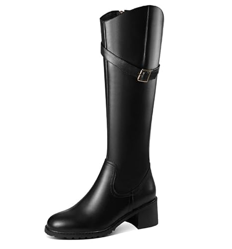 JIEEME Genuine Leather Knee-high Boots with Velvet Lining Round Toe Zipper Block Heel with mid Heel Handmade Langschaft Boots for Women zw1022s von JIEEME