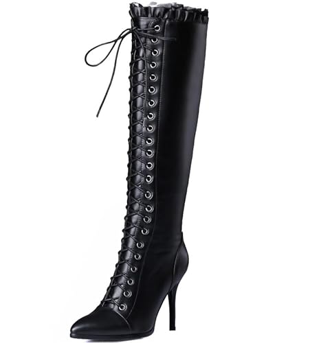 JIEEME Rindsleder +synthetische Kniehohe Stiefel Spitze Zehen Stiletto mit hohem Absatz Reißverschluss Schnürung-up handgemachte Langschaftstiefel für Damen zx860s von JIEEME