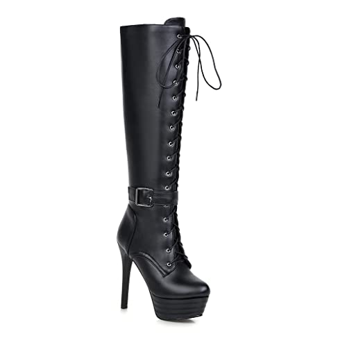 JIEEME Synthetic fashion round toe stiletto zipper lace-up high heel with 13 cm platform with 4.5 cm knee-high casual boots for women tq22 von JIEEME