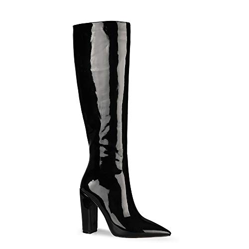 JIEEME Lackleder Damenmode Reißverschluss Spitze Zehen High Heel Blockabsatz Bequeme Kniehohe Stiefel für Damen Zc2551 von JIEEME