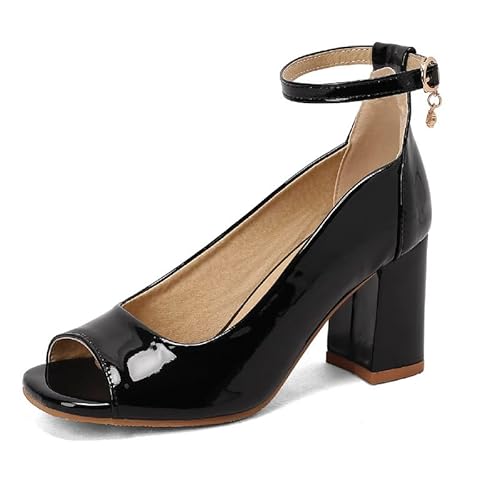 Lackleder Mode Peep Toe Schnalle Riemen Frauen Sandalen Block Heel High Heel bequeme Pumps für Frauen große Größe 35-48 Zt2118T von JIEEME