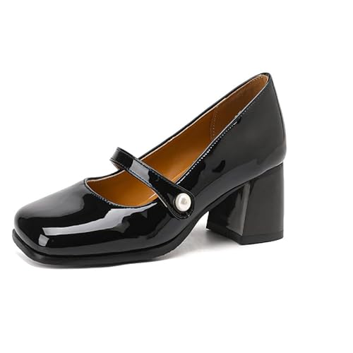 Lackleder Mode quadratische Zehenschnalle Riemen Damenschuhe, Blockabsatz mittlerer Absatz mit 6 cm bequemen Pumps für Frauen große Größe Z034s30T von JIEEME