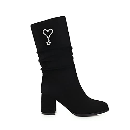 Nubuckleather Fashion Round Toe Block Heel Zipper high Heel with 7 cm Crystals Easy Walking mid-Calf Boots for Women Big Size t257-62 von JIEEME