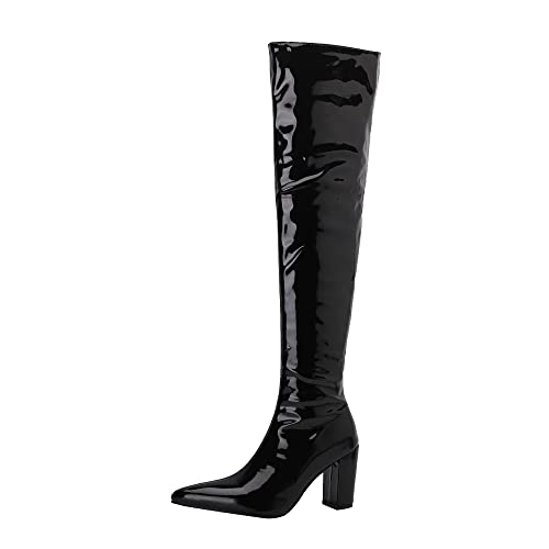 JIEEME Patent leather fashion pointed toe block heel zipper high heel with 7 cm easy walking over-knee casual boots for women big size t16682 von JIEEME