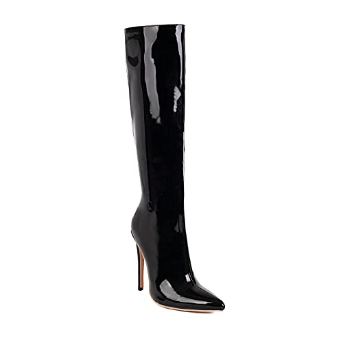 Patent Leather Fashion Pointed Toe Stiletto Zipper super high Heel with 12 cm Easy Walking Knee-high Boots for Women Big Size t82832 von JIEEME