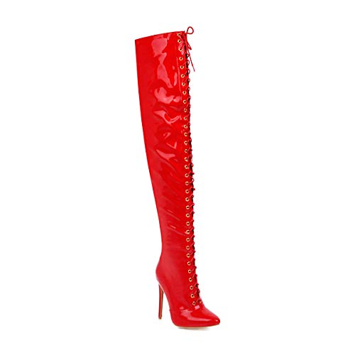 Patent Leather Fashion Pointed Toe Stiletto lace-up Zipper high Heel with 12 cm Over-The-Knee Party Boots for Women Big Size 35-46 t8-312 von JIEEME