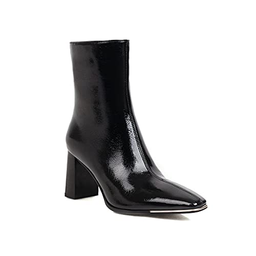 Patent Leather Fashion Square Toe Block Heel Zipper high Heel with 7 cm Comfortable Easy Walking Ankle Casual Boots for Women Big Size ty8652 von JIEEME
