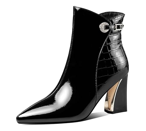 Rindsleder Mode Stiefeletten Spitze Zehen Reißverschluss Block Absatz mit High Heel Kristallen handgemachte Halbschaft Stiefel für Frauen große Größe 35-46 zw9333 von JIEEME