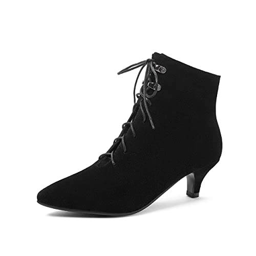 JIEEME Suede leather fashion pointed toe stiletto Lace-up mid heel with 5 cm ankle casual boots for women big size 35-46 t10-112 von JIEEME