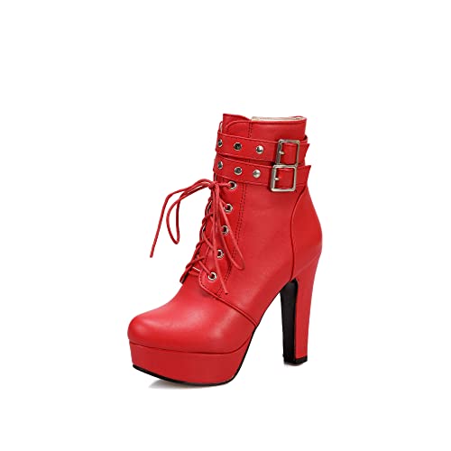 Synthetic Fashion Round Toe Block Heel Zipper Buckle Strap high Heel with 11 cm Platform Ankle Boots for Women Big Size t33-252 von JIEEME