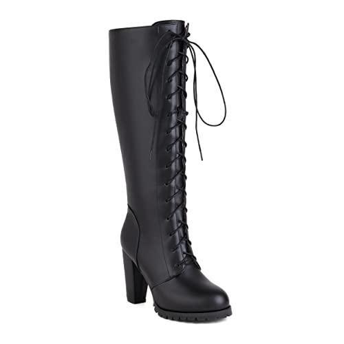 Synthetic elegant Round Toe Block Heel Zipper lace-up high Heel with 9.5 cm Easy walikng Knee-high Boots for Women Big Size 35-46 t76-52 von JIEEME