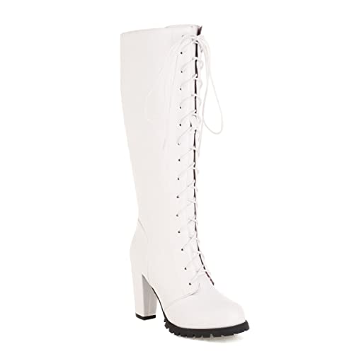 Synthetic elegant Round Toe Block Heel Zipper lace-up high Heel with 9.5 cm Easy walikng Knee-high Boots for Women Big Size 35-46 t76-52 von JIEEME