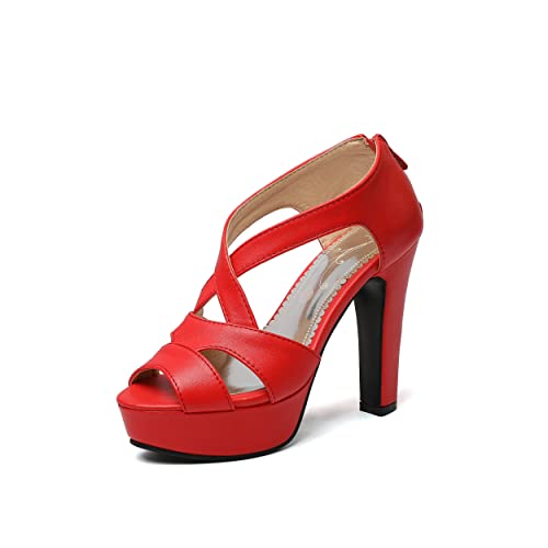 Synthetik Mode Peep Toe Reißverschluss Blockabsatz High Heel mit 12 cm Pumps für Damen große Größe T33-402 von JIEEME