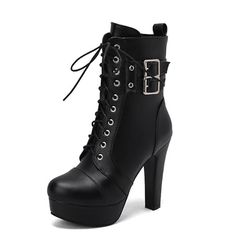 Synthetik runde Spitze Schnürung Reißverschluss Platform Kristalle Stiefeletten, Block Heel Super High Heel handgefertigte Halbschaft Stiefel für Frauen große Größe 35-48 s338-10s von JIEEME