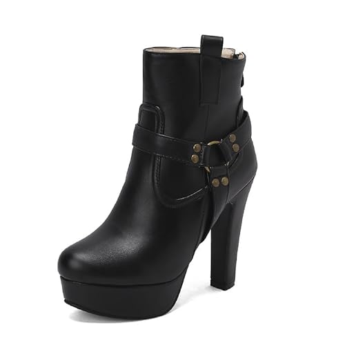 Synthetik runde Spitze Zip Platform Stiefeletten, Block Heel Super High Heel handgefertigte Halbschaft Stiefel für Frauen große Größe 35-48 s338-5s von JIEEME