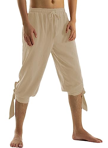 JIEFULL Herren Knöchel Gebänderte Gothic Hosen Renaissance Piraten Kostüm Halloween Mittelalter Retro Hose, Beige02, Klein von JIEFULL