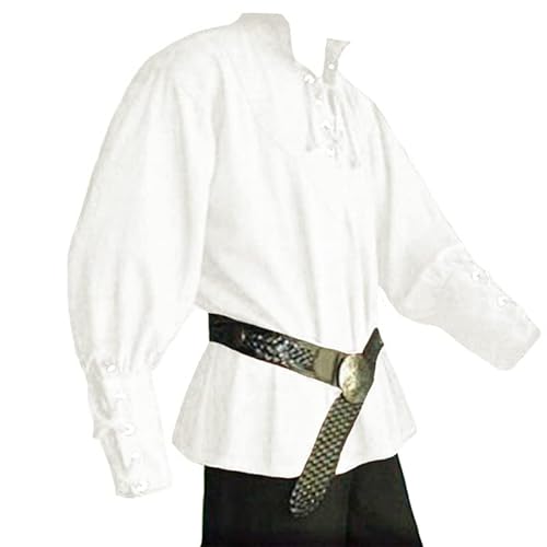 JIEFULL Herren Mittelalter Piratenkostüm - Vintage Stehkragen Bandage Bluse - Mercenary Scottish Wide Cuff Shirt, Weiß, Large von JIEFULL