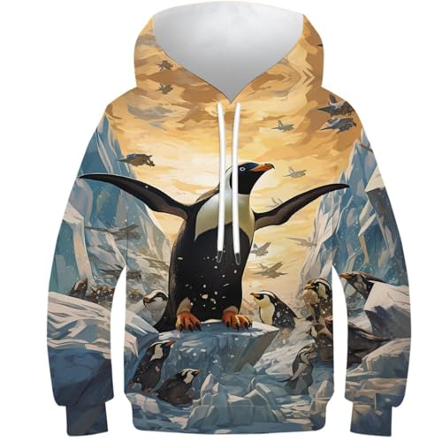 JIEJIAN Cute Penguin 3D-Druck Hoodie Jungen Mädchen Hoodies Sportbekleidung Hoody Pullover Sweatshirts Tops Mit Taschen Langarm Kapuze Mit Tasche Geschenke Für Jungen 6-7Y von JIEJIAN