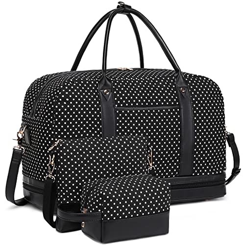 JIELV Weekender Bag für Damen, Reisen, große Wochenendtasche mit wasserdichtem Schuhfach und Nassfach, Handgepäcktasche mit USB-Ladeanschluss, schwarze Punkte, Schwarze Punkte, Reisetaschen von JIELV