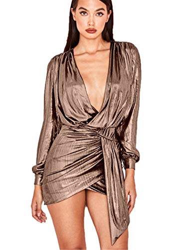 JIER Damen Minikleid mit V-Ausschnitt Langärmelig Figurbetont Unregelmäßig Kurzes Kleid Elegante Cocktailkleid Maxikleider Abendkleider Partykleid (Gold,Medium) von JIER-Kleider