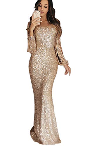 JIER Damen Pailletten Abendkleid Abendkeider Quaste Langer Rock Cocktailkleider Maxikleider Glänzend Partykleider Langarm Glänzend Elegant Lang Kleider (Gold,Medium) von JIER-Kleider
