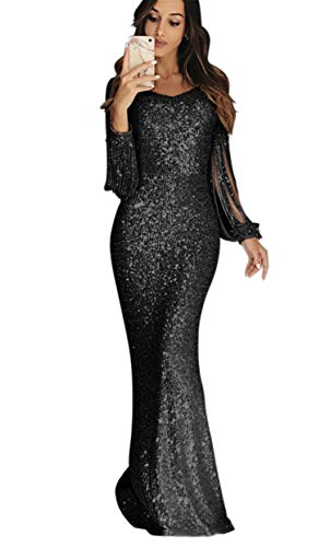 JIER Damen Pailletten Abendkleid Abendkeider Quaste Langer Rock Cocktailkleider Maxikleider Glänzend Partykleider Langarm Glänzend Elegant Lang Kleider (Schwarz,Small) von JIER-Kleider