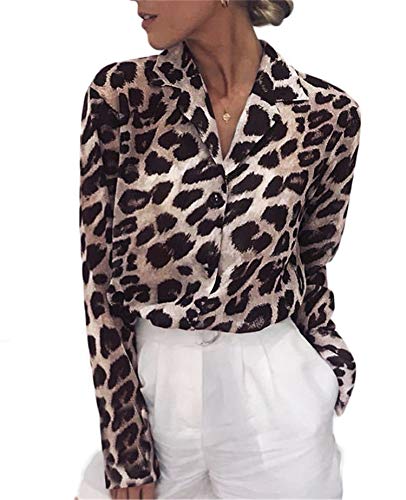 JIER Damen Bluse Leopardenmuster Hemd V Ausschnitt Button Down Shirt Kragen Langarmshirt Oberteile Top Luftig Leopard Print Business Tunika (Rosa,Medium) von JIER-Langarmshirt