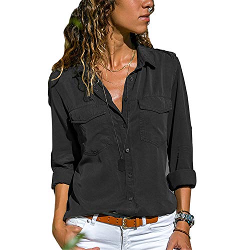 JIER Damen Langarm Revers Kragen Hemdbluse V Ausschnitt Bluse Langarmshirts Blusen Einfarbig Business Hemd Oberteile Top Shirt mit Knopfleiste (Schwarz,XX-Large) von JIER-Langarmshirt