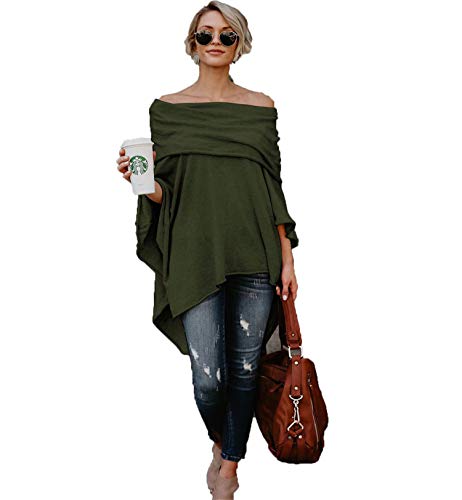 JIER Poncho Damen Lange Off Shoulder Fledermaus Ärmel Unregelmäßige Lose Bluse Tops Schluppenbluse Hoodie Hemd Tunika Pullover Sweatshirt Cape (Armeegrün,Large) von JIER-Langarmshirt