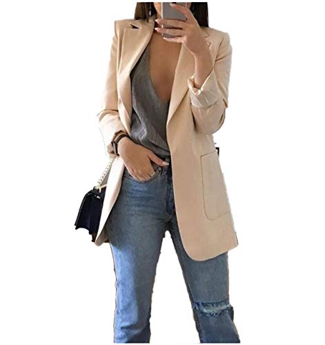 JIER Damen Elegant Langarm Blazer Langärmliger Anzugjacke Einfarbig Cardigan Business Slim Fit Bolero Jacke Anzug Trenchcoat Mantel mit Tasche (Aprikose,Medium) von JIER-Ms. Jacke