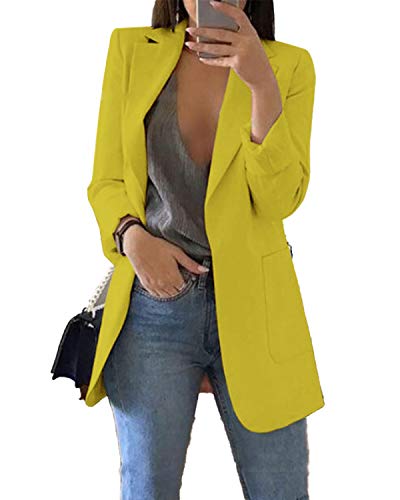 JIER Damen Elegant Langarm Blazer Langärmliger Anzugjacke Einfarbig Cardigan Business Slim Fit Bolero Jacke Anzug Trenchcoat Mantel mit Tasche (Gelb,XXXX-Large) von JIER-Ms. Jacke