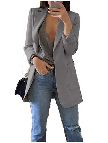 JIER Damen Elegant Langarm Blazer Langärmliger Anzugjacke Einfarbig Cardigan Business Slim Fit Bolero Jacke Anzug Trenchcoat Mantel mit Tasche (Grau,Small) von JIER-Ms. Jacke