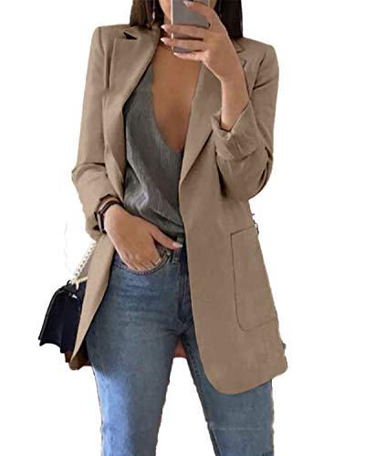 JIER Damen Elegant Langarm Blazer Langärmliger Anzugjacke Einfarbig Cardigan Business Slim Fit Bolero Jacke Anzug Trenchcoat Mantel mit Tasche (Khaki,Medium) von JIER-Ms. Jacke