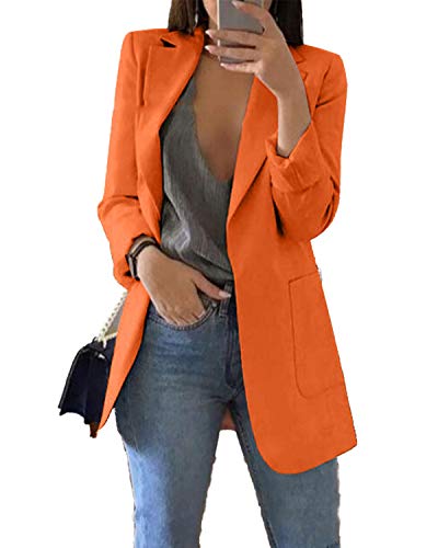 JIER Damen Elegant Langarm Blazer Langärmliger Anzugjacke Einfarbig Cardigan Business Slim Fit Bolero Jacke Anzug Trenchcoat Mantel mit Tasche (Orange,Medium) von JIER-Ms. Jacke