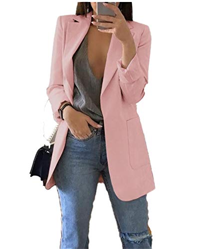 JIER Damen Elegant Langarm Blazer Langärmliger Anzugjacke Einfarbig Cardigan Business Slim Fit Bolero Jacke Anzug Trenchcoat Mantel mit Tasche (Rosa,Small) von JIER-Ms. Jacke