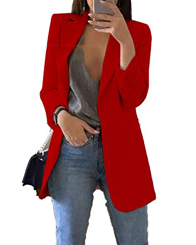 JIER Damen Elegant Langarm Blazer Langärmliger Anzugjacke Einfarbig Cardigan Business Slim Fit Bolero Jacke Anzug Trenchcoat Mantel mit Tasche (Rot,XX-Large) von JIER-Ms. Jacke