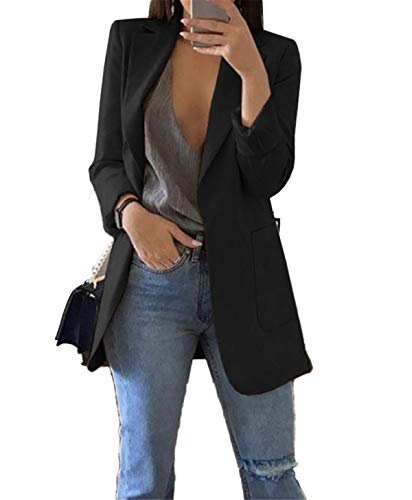 JIER Damen Elegant Langarm Blazer Langärmliger Anzugjacke Einfarbig Cardigan Business Slim Fit Bolero Jacke Anzug Trenchcoat Mantel mit Tasche (Schwarz,Small) von JIER-Ms. Jacke