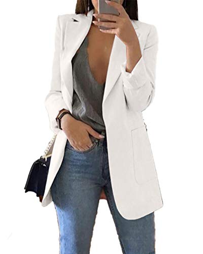 JIER Damen Elegant Langarm Blazer Langärmliger Anzugjacke Einfarbig Cardigan Business Slim Fit Bolero Jacke Anzug Trenchcoat Mantel mit Tasche (Weiß,Large) von JIER-Ms. Jacke