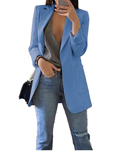 JIER Damen Elegant Langarm Blazer Sakko Einfarbig Business Slim Fit Revers Geschäft Büro Jacke Cardigan Kurz Mantel Anzüge Bolero mit Tasche (Blau,X-Large) von JIER-Ms. Jacke