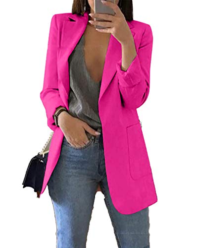 JIER Damen Elegant Langarm Blazer Sakko Einfarbig Business Slim Fit Revers Geschäft Büro Jacke Cardigan Kurz Mantel Anzüge Bolero mit Tasche (Rosenrot,Large) von JIER-Ms. Jacke