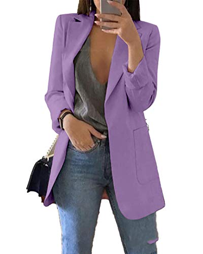 JIER Damen Elegant Langarm Blazer Slim Fit Freizeit Business Büro Langblazer Reverskragen Jacke Einfarbig Geschäft Mantel Trenchcoat mit Tasche (Lila,X-Large) von JIER-Ms. Jacke