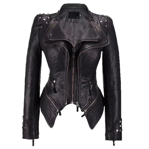 JIER Damen Kunstleder Jacke Gothic Kunstlederjacke Übergangs Jacke Leder Bikerjacke Blazer Punk Bikerjacke PU Moto Jacket Ledermantel Outwear (Schwarz,XX-Large) von JIER-Ms. Jacke