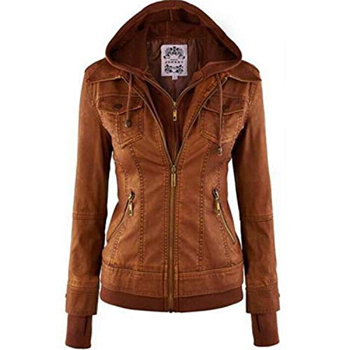 JIER Damen Kunstlederjacke Übergangsjacke Kapuzen Jacke Lederjacke Motorradjacke Bikerjacke Jacket Ladies Oberbekleidung mit Reißverschluss (Braun,Large) von JIER-Ms. Jacke