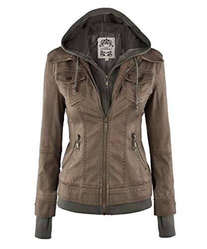 JIER Damen Kunstlederjacke Übergangsjacke Kapuzen Jacke Lederjacke Motorradjacke Bikerjacke Jacket Ladies Oberbekleidung mit Reißverschluss (Kaffee,Medium) von JIER-Ms. Jacke