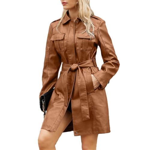 JIER Damen Ledermantel Trenchcoat Classic Knie-Länge Klassisch Lange Mantel Echte Leder Jacke Wildleder Bikerjacke Damenjacke mit Gürtel (Kaffee,Small) von JIER-Ms. Jacke