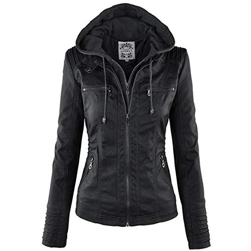 JIER Damen Reißverschluss Lederjacke mit Kapuzen Kunstleder Jacke Motorradjacke Bikerjacke Kapuzenjacke Übergangsjacke Oberbekleidung (Schwarz,Small) von JIER-Ms. Jacke